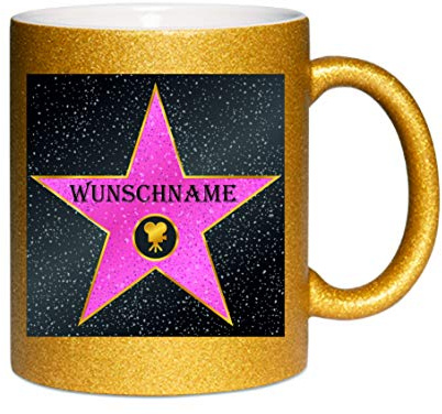 Glitzertasse (gold) Walk of Fame (Wunschname) - Kaffeetasse, bedruckte Tasse mit Sprüchen oder Bildern, Bürotasse,