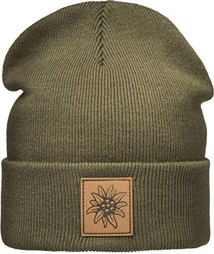 Baddery Outdoor Strickmütze: Edelweiß mit Leder Patch - Bergsteigen Klettern Bouldern Sport Wandern Gebirgsjäger Bundeswehr Wintermütze Beanie Mütze Damen & Herren Geschenk (One Size Grün)