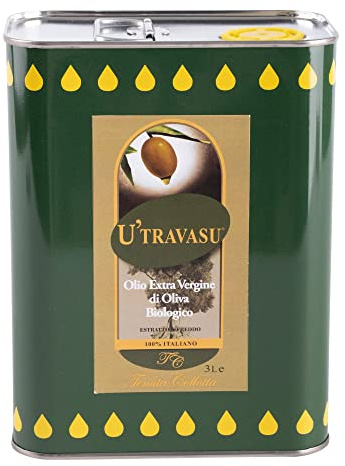 U'Travasu® - Olio extravergine di oliva Biologico latta 3l - 100% italiano - Prodotto in Sicilia - Estratto a freddo
