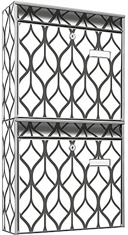 banjado Briefkastenanlage 2 Fach - 2 Briefkästen 36x64x10cm groß - Doppelbriefkasten Set - Namensschild, 2 Schlüssel, Montagematerial - Stahl verzinkt Silber - Motiv Bucheckern
