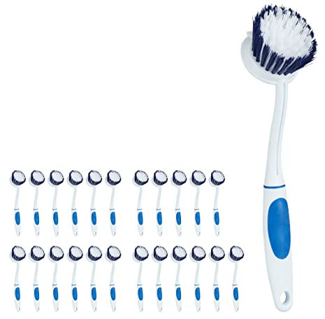 Relaxdays Dishwashing Brush, 24x Set Medium-hard Bristles, Rubber Handle, Plastic, Kitchen Scrubber, Hang Up, White/Blue
