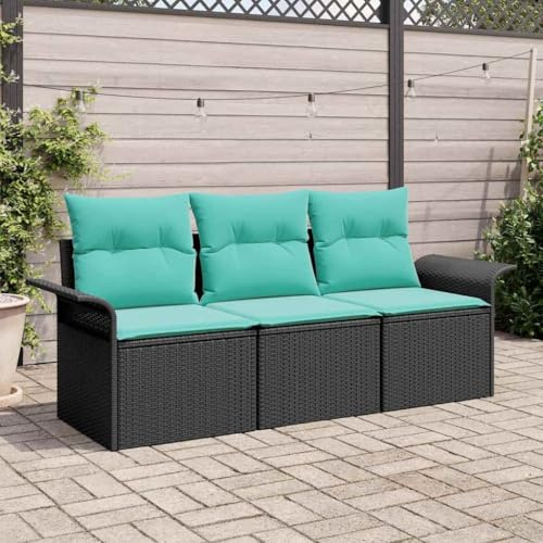 IBUQDDV Poly Rattan Sofa mit Kissen 3-teilig Schwarz Garten Sitzgruppe mit verstellbaren Füßen und Stauraum
