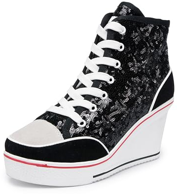 Women's Canvas High-Heeled Bling Shoes Casual Shoes Fashion Sparkling Sneakers for Walking Platform Wedges Pump Shoes Black, 8