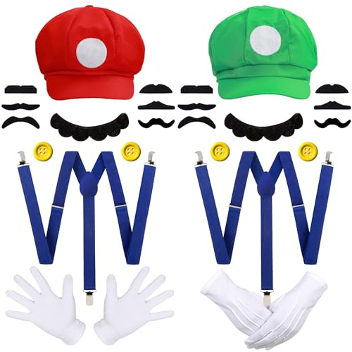 iZoeL Maskeraddräkt Mario-keps, Luigi-keps, halloween, Mario, hängslen 4 handskar 14 mustascher 4 knappar, cosplay, karneval, dräkt, barn, herr, dam