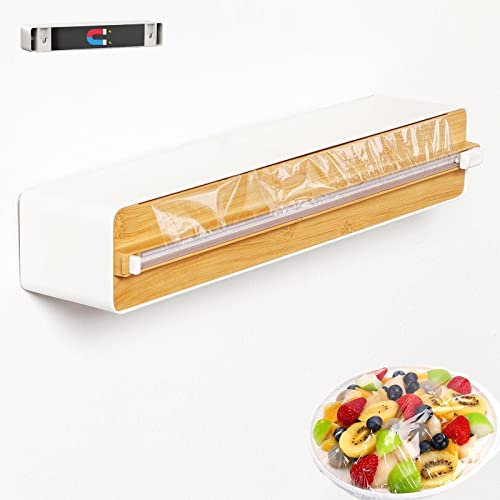 Quasziwa Magnetic Cling Film Dispenser and Cutter - Refillable Clingfilm & Aluminum Tin Foil Dispenser and Cutter Wall-mounted, Plastic Wrap Organizer for Kitchen Drawer - Fits 12 Roll, Woodgrain
