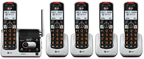AT&T BL102-5 DECT 6.0 5-Handset Cordless Phone for Home with Answering Machine, Call Blocking, Caller ID Announcer, Audio Assist, Intercom, and Unsurpassed Range, Silver/Black