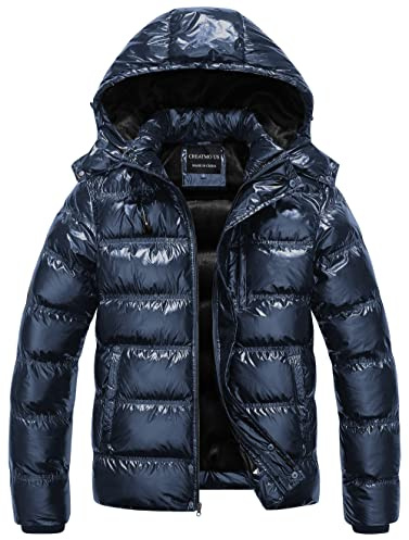 CREATMO US Herren Puffer Jacke Wasserdicht Winter Parka Jacke Warm Verdicken Ski Mantel, Blau glänzend, Large