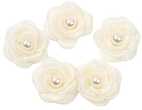 KABELIF 5 Stück Kamelie Blume Brosche mit Perle, Blume Ansteckblume, Blume Haarspange, Blume Haarclip, Blumen Haarnadeln Haarblume Haarblüte DIY Haarschmuck 5.5 CM (Beige)