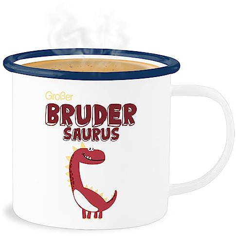 Emaille Becher Blechbecher - Bruder - Tassen - Großer Brudersaurus - 300 ml - Weiß Blau - tasse kind grosser big brother bro geschenk geburt große brüder gro er für großen bruder groser