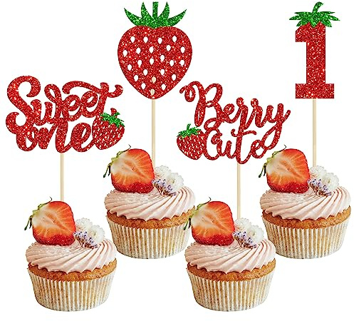 24Pcs Sweet One Cupcake Toppers Glitter First Birthday Strawberry Cupcake Picks for Fruit Baby Shower 1st Birthday Berry Sweet Cupcake Decorations Party Supplies Red