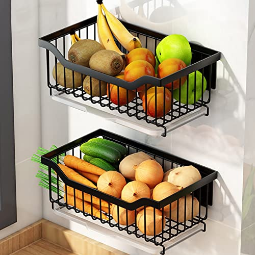 HJXGQJM 2-stöckiger Obst-Gemüse-Aufbewahrungskorb, Obst-Und Gemüseregal Aus Edelstahl, Drahtkorb Zur Wandmontage Zum Aufbewahren, Schwarz/Weiß Obst- und Gemüseregal(Noir,34x17.5x11cm)
