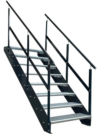 Kaminbau Mierzwa Premium Stahl Treppe mit beidseitigem Geländer/Wangen und Geländer Anthrazit RAL 7016/8 Stufen verzinkt (Breite 800 mm) (Höhe 152 cm) Wetterfest Gitterroststufe Gartentreppe