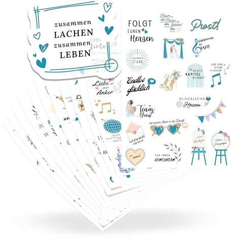 ECCK Sticker Hochzeit Gästebuch (12 DIN A5 Bögen), Hochzeitssticker Set mit Aufkleber Hochzeit für Gästebuch, Tischkarten, Scrapbook & Fotoalbum mit Liebe, Vintage & Herz-Motiven auf Deutsch