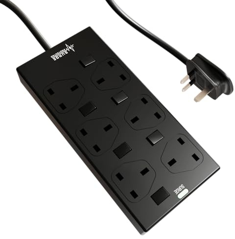 rhinocables 6 Gang Individually Switched Mains Extension Lead Cable, Surge Protected Power Strip Extender with 6 Sockets and Cord, 13 Amp Trailing Socket for Dual 3 Pin UK Plug (Black, 10m)