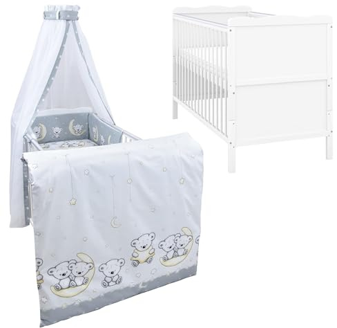 Generisch Baby Delux Babybett Komplett Set 70x140 Kinderbett umbaubar zum Juniorbett weiß Jack Bettset Matratze 9-teilig (Teddy Mond grau)