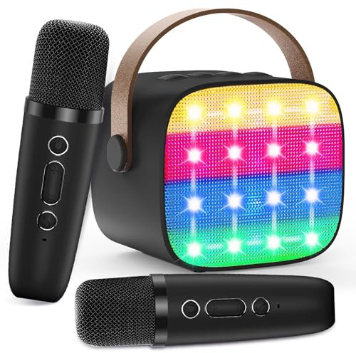 Macchina Karaoke per Bambini con 2 Microfoni Wireless - Microfono Bluetooth, Altoparlante Portatile, Cambio Voce, Luci LED, Giocattolo Musicale per Ragazze e Ragazzi, Regalo per Compleanni e Natale