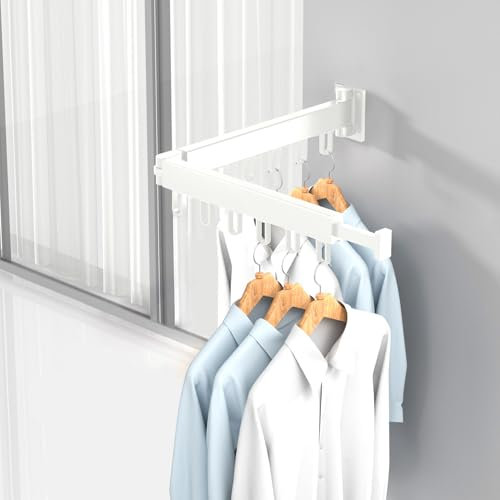 HONPHIER Drying Rack Laundry Collapsible Wall Mounted Clothes Drying Rack with Hooks Strong Clothes Airer Indoor Outdoor Saving Space Drying Racks for Balcony, Bathroom, Bedroom (White, 2-Fold)