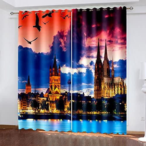 Verdunklungsvorhänge Mit Ösen 3D Mode Kreatives Schloss Druck Vorhang Blickdicht Fensterdekoration Schlafzimmer Wohnzimmer Kinderzimmer, Schallschutz Thermogardine, Ösenschal 2Er Set 234X230Cm