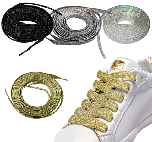 XDGBGFN 4 paia di lacci con brillantini, larghezza 10 mm, lacci piatti per scarpe dorati e argentati, lucidi, neri e bianchi, per scarpe sportive da 120 cm, oro, argento, nero, bianco