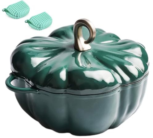 XLDZ Cocotte in ghisa con rivestimento, forma da forno olandese, pentola per zuppa e stufato, compatibile con più stufe, include coperchio e guanti da forno (verde)