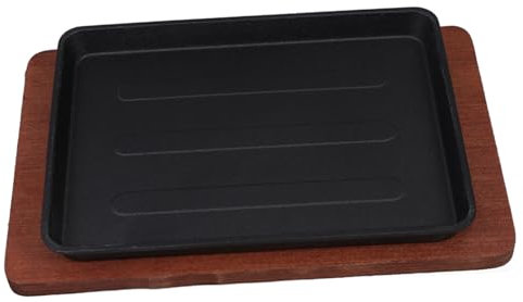 Garneck Heavy Duty Cast Iron Steak Plate Griddle Pan Square Skillet Plate Wooden Base for Cooking Veggies Fish Meats