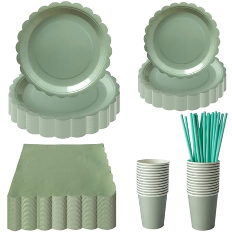 Set di piatti di carta verde salvia, tovaglioli e bicchieri, 125 pezzi, verde salvia, set di stoviglie per feste per baby shower, piatti e tovaglioli, verde salvia forniture per feste per la