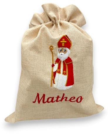 Personalisiertes Nikolaussackerl mit Name - weihnachtliche Bestickung - Motiv röm.-kath. Nikolaus stehend - Nikolaussack - Nikolausbeutel - Jutebeutel