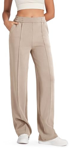 G4Free dam breda byxor hög midja yogabyxor mjuka joggingbyxor med fickor lediga loungebyxor arbetsbyxor petite/normal/hög, Ljus kaki-vanlig 29, L