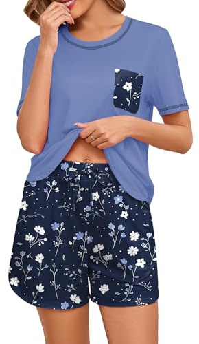 Namatime Pigiama corto da donna, in cotone, 2 pezzi, biancheria da notte Shorty Loungewear, blu floreale, XL