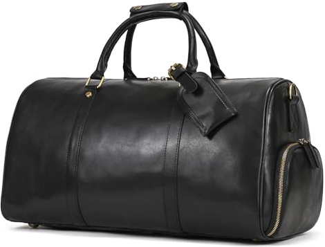 Reisetasche aus Leder für Damen und Herren, Vollnarbenleder, für Übernachtung, Wochenende, Sport, Fitnessstudio, Duffle, 9804 Schwarz, Retro