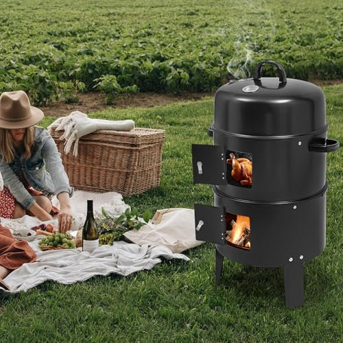 3-in-1 Multifunktionaler Räuchergrill, Tischräucherofen mit Edelstahl-Grillrost & Emaille-Holzkohlewannen, Räucherofen Abnehmbare Design & Thermometergesteuert, für Camping & Picknicks 40X84cm