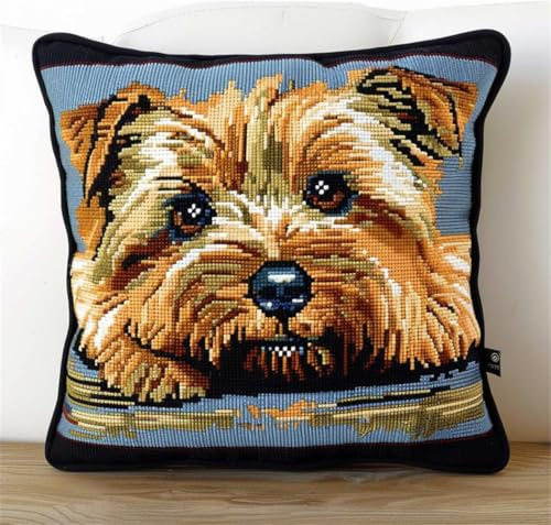 ORLUMY Diy Crochet Kit Cojín Yorkshire Terrier 43Cmx43Cm Kit Completo De Funda De Cojín Con Gancho De Cierre