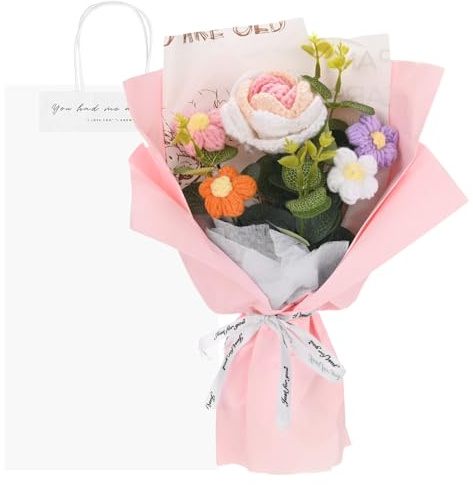 M METERXITY Crochet Flowers Bouquet, Handmade Knitted Bouquets Artificial Rose with Gift Bag for DIY Home Decor/Birthday/Wedding/Valentine's Day [Gradient Pink]
