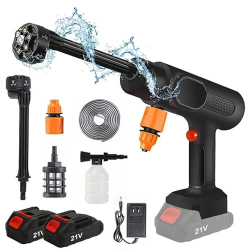 Nettoyeur Haute Pression sans Fil 95 Bar, 800W Nettoyeur Haute Pression à Batterie, Pistolet à Eau pour Lavage De Voiture avec 2 Batteries, Buse 6 en 1, Tuyau 5m, Pulvérisateur de Mousse