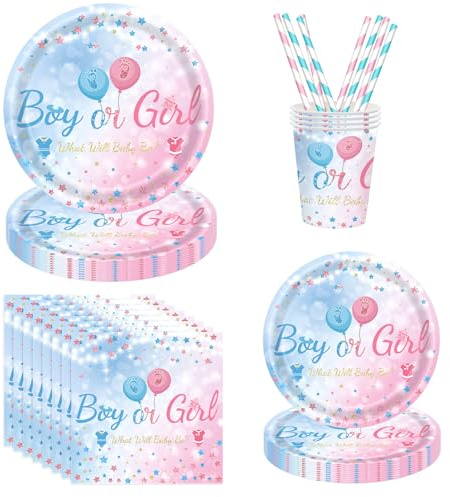 ASSUGO 60 Gender Reveal Party deko partygeschirr Set, Boy or Girl Partyzubehör, Enthält Teller,Baby servietten,Becher, Strohhalme,Geeignet für babyparty deko mädchen Jungen, Gender Reveal Partys