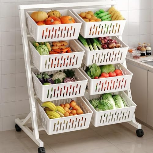 zktoermn Carrello Portaoggetti Per Cestini Da Cucina, Carrello A 4 Ripiani Con Ruote, Portafrutta In Metallo Carrello Organizer Multiuso Con Maniglia A Spinta, Portafrutta(Bianco)