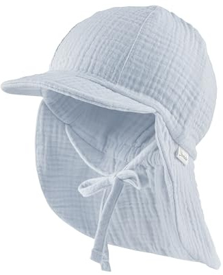 Sterntaler Schirmmütze Nackenschutz Musselin – Bio-Baumwoll-Musselin mit Sonnenschutz, Bindeband und weichem Innenfutter, Schutz vor UV-Strahlen 50+ – Hellblau, Größe 45