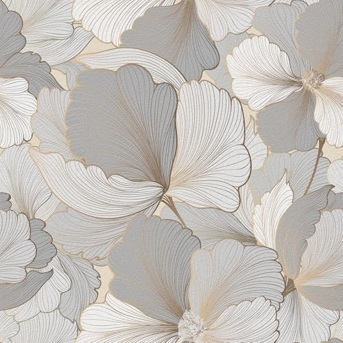 Yullpaper Carta da parati autoadesiva con fiori, colore beige/oro/grigio, per mobili, pareti, soggiorno, camera da letto, fiori, vintage, per mobili, autoadesiva, motivo 0,45 x 10 m
