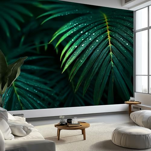 Papel pintado de hojas de palma tropicales para sala de estar, arte de pared verde para decoración de dormitorio, póster no tejido, impresión artística de forro polar, 350 x 256 cm