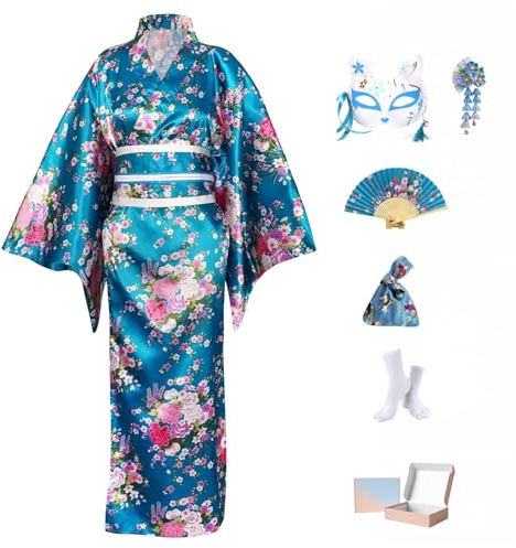 KRUIHAN Kit Kimono Japonés Mujer en Caja de Regalo–Disfraz Geisha Yukata Satinada Sakura Turquesa,Obi,Abanico,Máscara Kitsune y Bolsa Nudo Japonés–Traje Tradicional para Cosplay,Fiesta y Carnaval