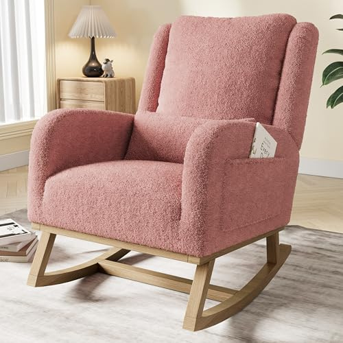 Générique Fauteuil à Bascule en Tissu Peluche, Fauteuil de Salon avec Coussin Rembourré, Poche Latérale et Accoudoirs, Rocking Chair, Chaise a Basule pour Salon, Chambre, Rose