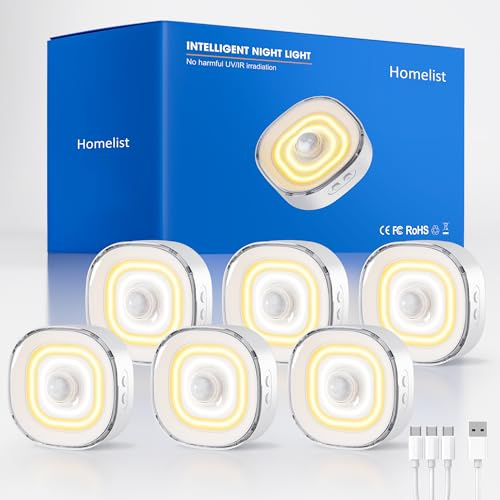 Homelist 68-LED COB Nachtlicht mit Bewegungsmelder, 100lm Dimmbar, Aufladbar, 3 Farben Treppenlicht mit Bewegungsmelder, Unterbauleuchte Küche Led für Treppe, Küche, Flur, Badezimmer, Schrank 6 Stück