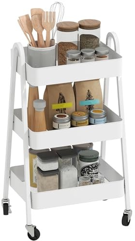 HOMCOM Carrello da Cucina a 3 Livelli con Ruote Girevoli e Maniglie, Carrello Portaoggetti Multiuso con Freni per Salotto, Soggiorno e Bagno, 42.4x29.8x74.5 cm, Bianco