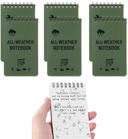 6 Pack Taccuino Tascabile Impermeabile, Mini Blocco Note a Spirale Verde, Blocco Note per Tutte Condizioni Atmosferiche, Block Notes Piccoli Taccuini per Registrazione Attività All'aperto，3x5 Pollici