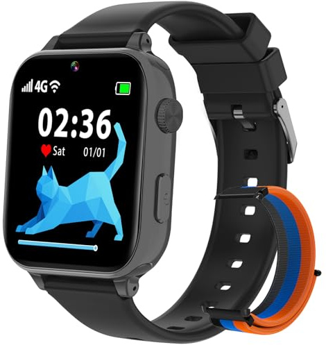 PTHTECHUS Montre Connectée Enfant GPS 4G, Smartwatch Téléphone pour Filles Garçons avec Appel SOS Podomètre Vidéo Mode Classe, Montre Cadeau pour Enfants 5-12 Ans (Noir)
