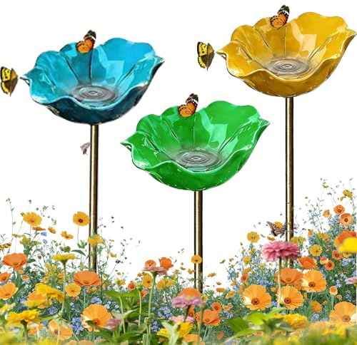 Gartenstecker Vogeltränke, Vogeltränke Stehend, Dekorative Bienentränke Keramik, Vogelbad Blume Dekorative Futter und Tränkschale für Vögel und Bienen (3Stk-B)