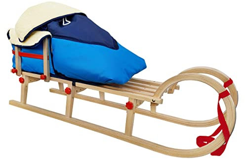 Hörnerschlitten Klappschlitten Rodelschlitten Rodel Schlitten aus Holz wählbares Zubehör V-21-125mit Lehne und Fußsack blau