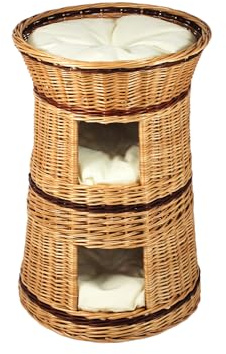 Katzenkorb zum Schlafen – Katzenhütte Indoor – Größe: 50 cm rund – Katzenhöhle aus Weide – Dreistufiges Bett für Hunde oder Katzen – Natürliche Korbfarbe – Ecru Kissen