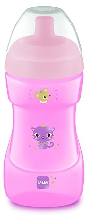 MAM Lärande mugg, från 12 månader, 330 ml, med sportigt hårt munstycke med avtagbar ventil som inte läcker, lätt att greppa tack vare sin halkfria och böjda design, rosa, 1-pack