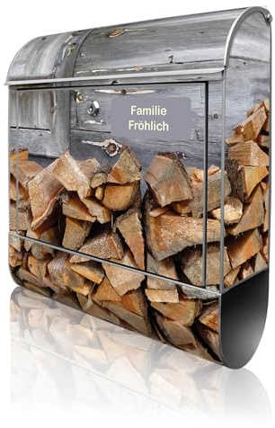 banjado Design Briefkasten personalisiert 38,5x46,5x13cm & 2 Schlüssel - Briefkasten Stahl Silber Zeitungsfach pulverbeschichtet - Postkasten A4 Einwurf inkl. Montagematerial - Motiv Feuerholz
